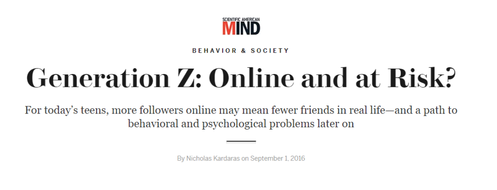 Link to article about generation z digital addiction on Scientific America, Behavior and Society