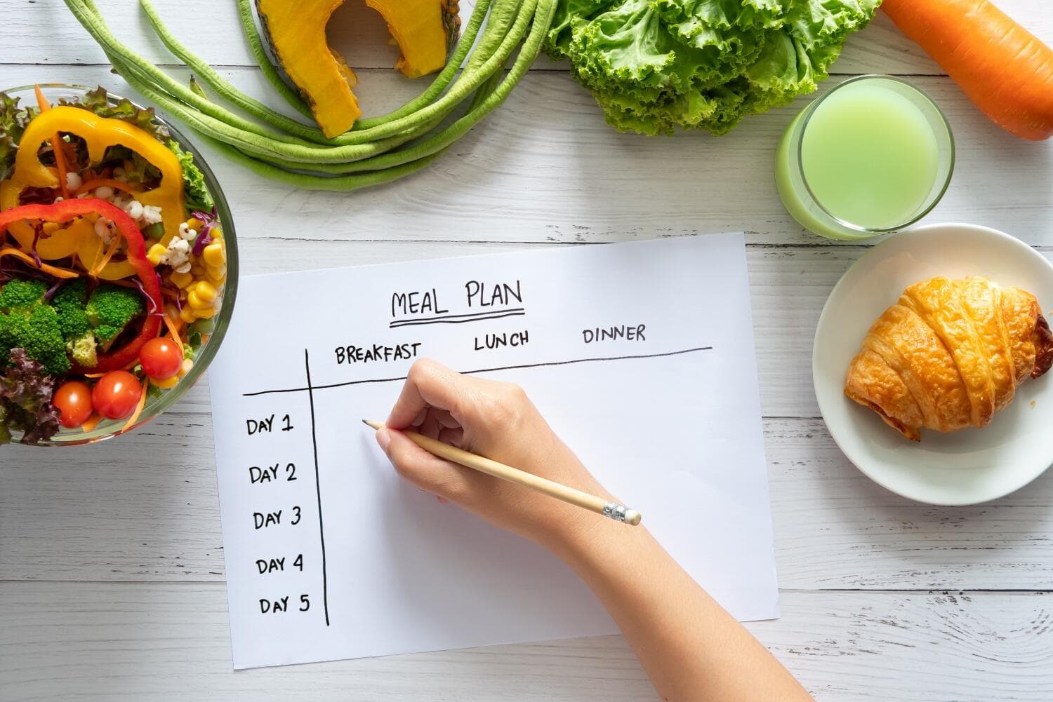 Healthy Meal Plan Healthy Meal Plan. Calories control, meal plan, food diet and weight loss concept. top view of hand filling meal plan on weekly table with salad and fresh vegetable on dining table