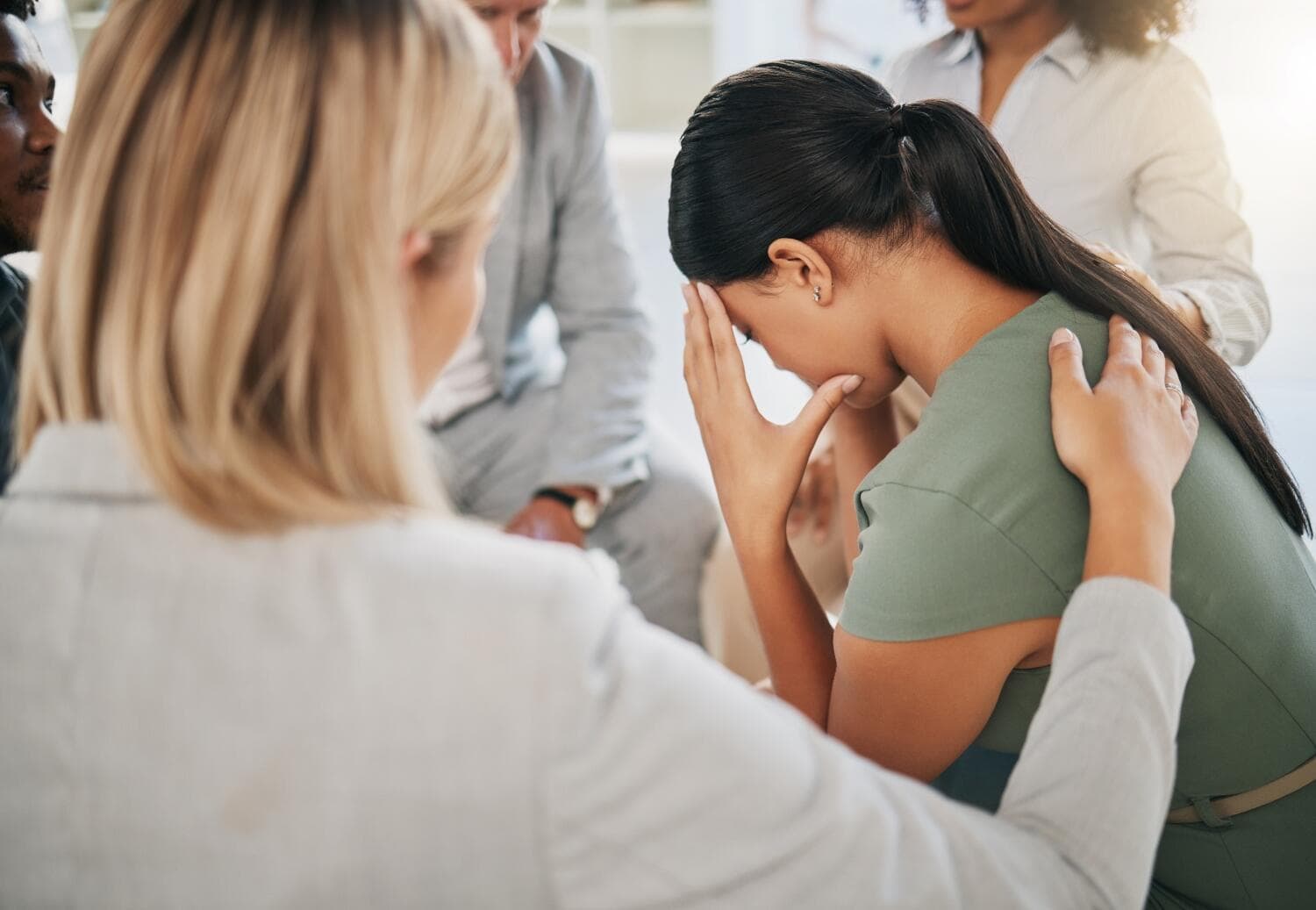 Grief loss and woman at community support group for mental health counseling or help woman at community support group for mental health, counseling or help