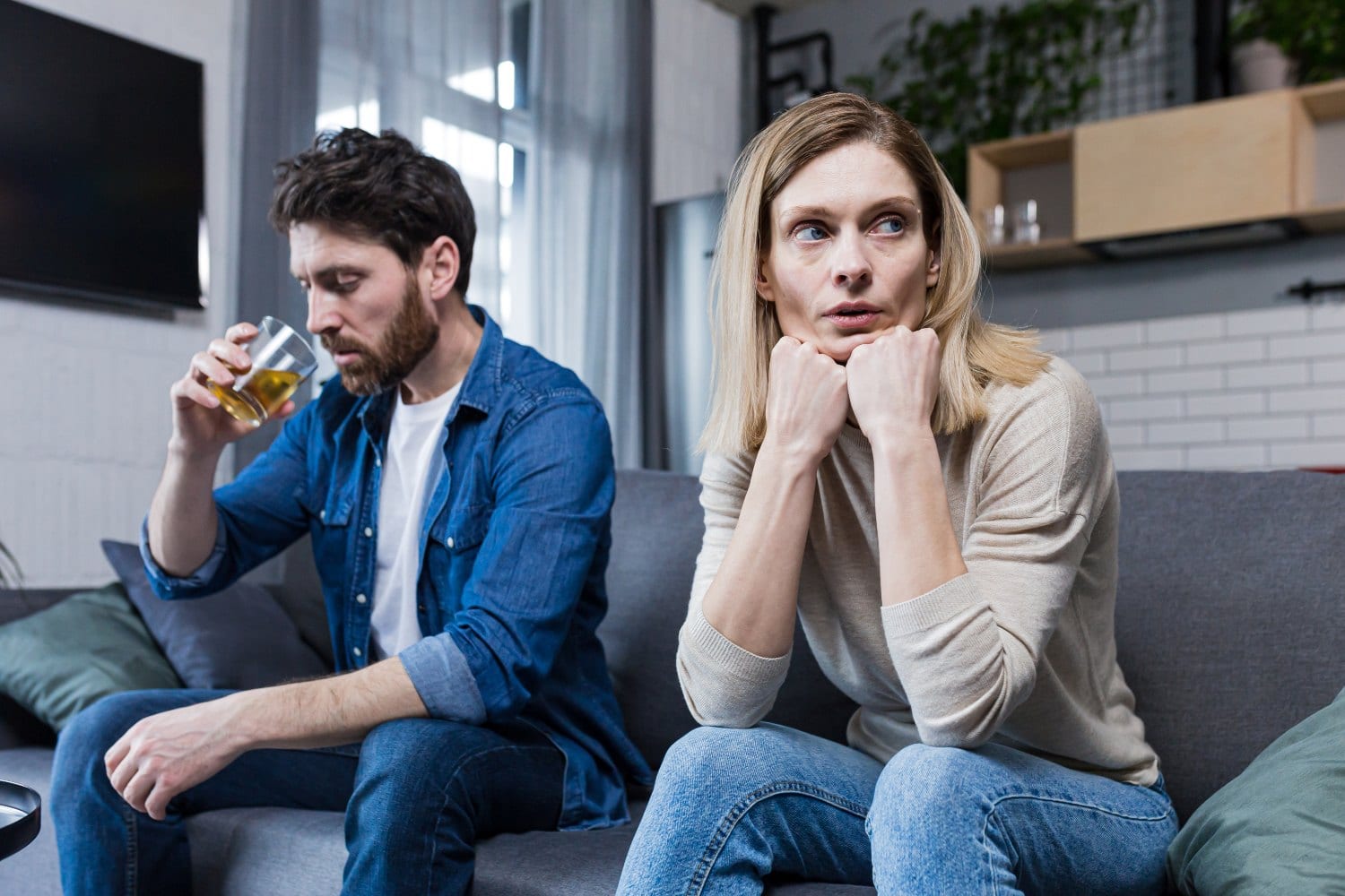 Young family falls apart, depressed woman because of alcoholic husband
